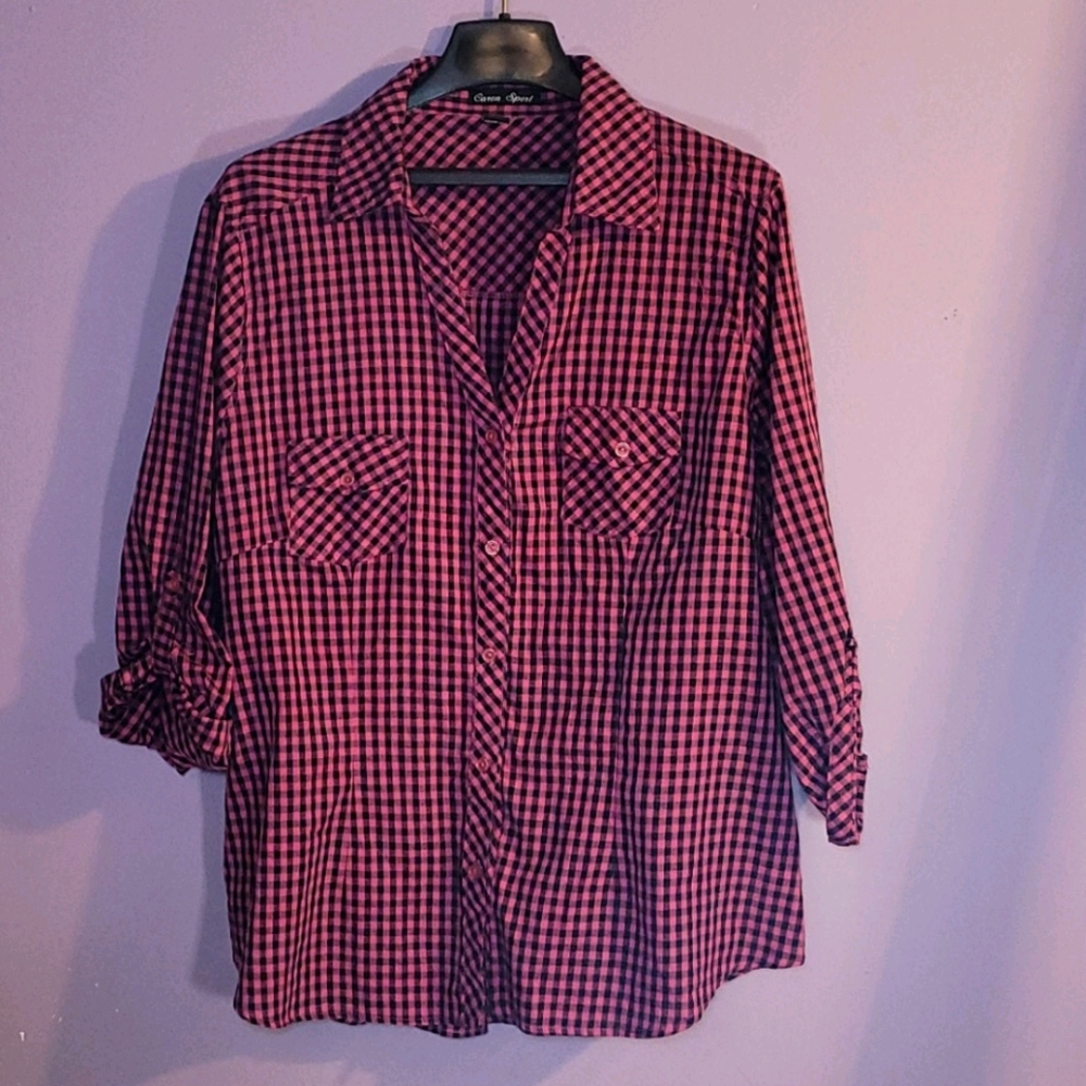 Plaid pink and black button down shirt